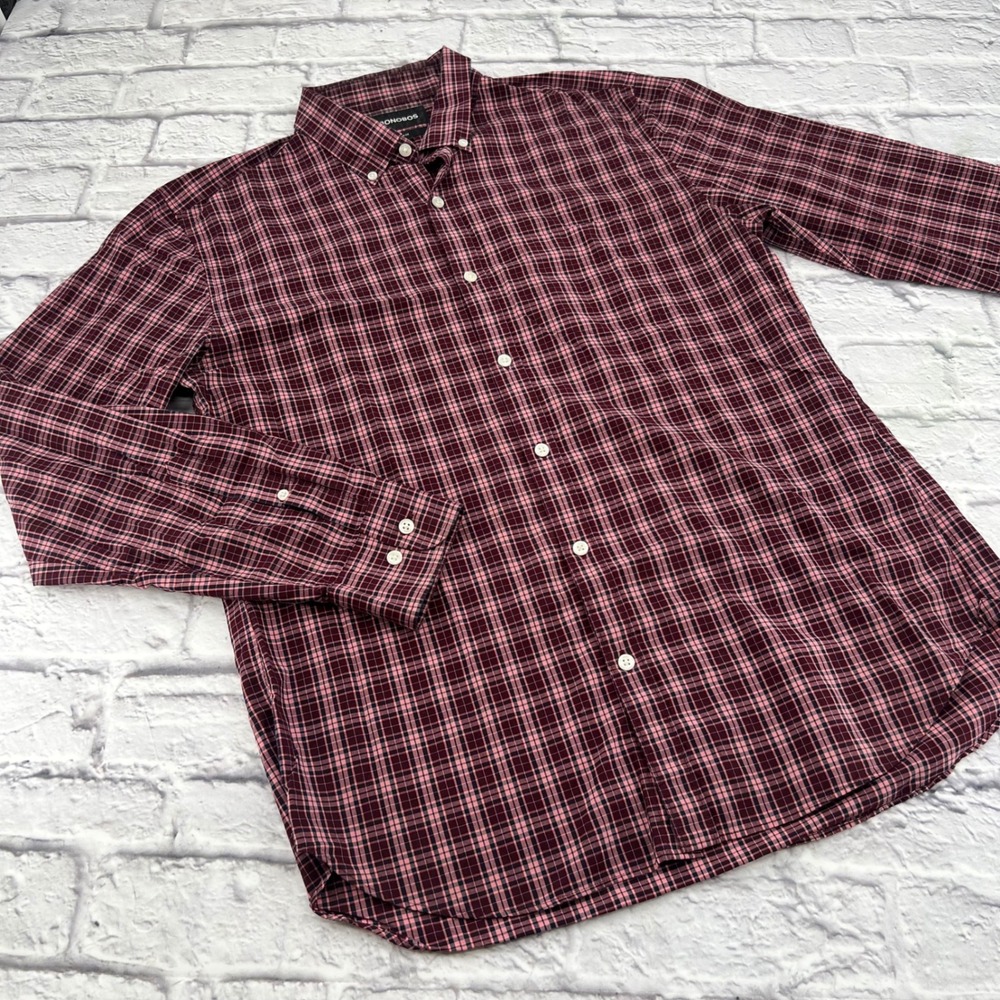 Bonobos Slim Fit Button Down Shirt Men Large Pink Burgundy Plaid Cotton Long Slv